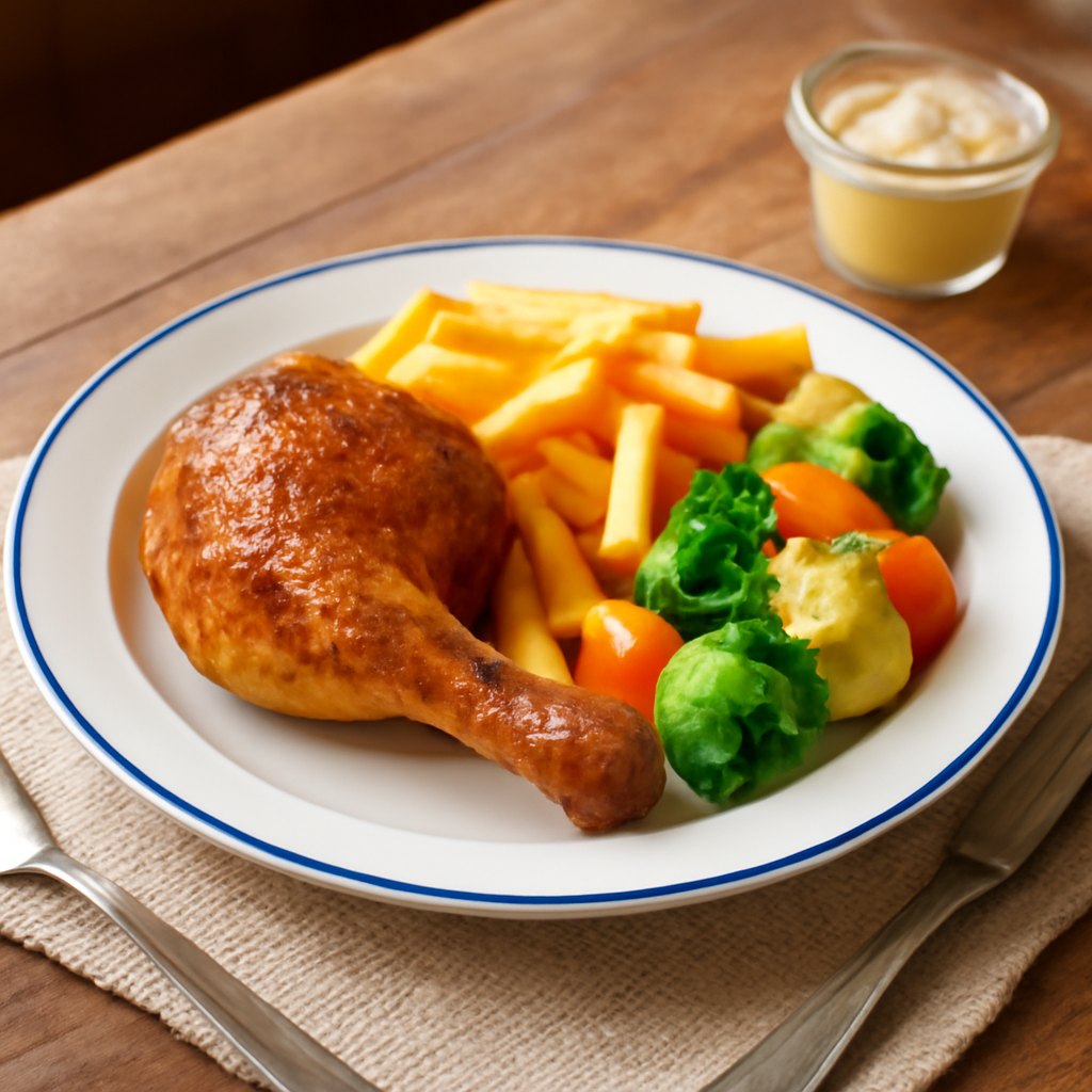 Pouletschlegel mit Pommes Frites und Gemüse
